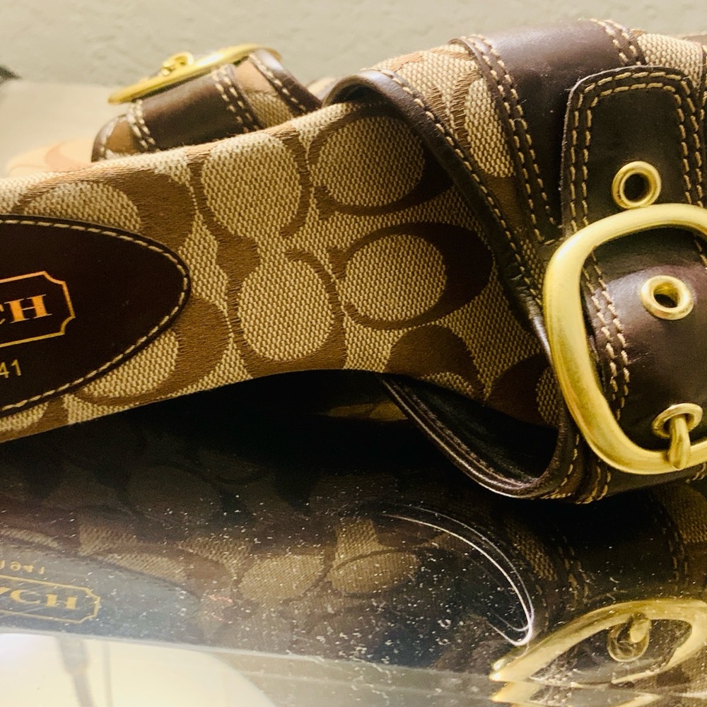 Coach Tan & Brown Signature Canvas Wedge Mules with Gold Buckle - Picture 6 of 7